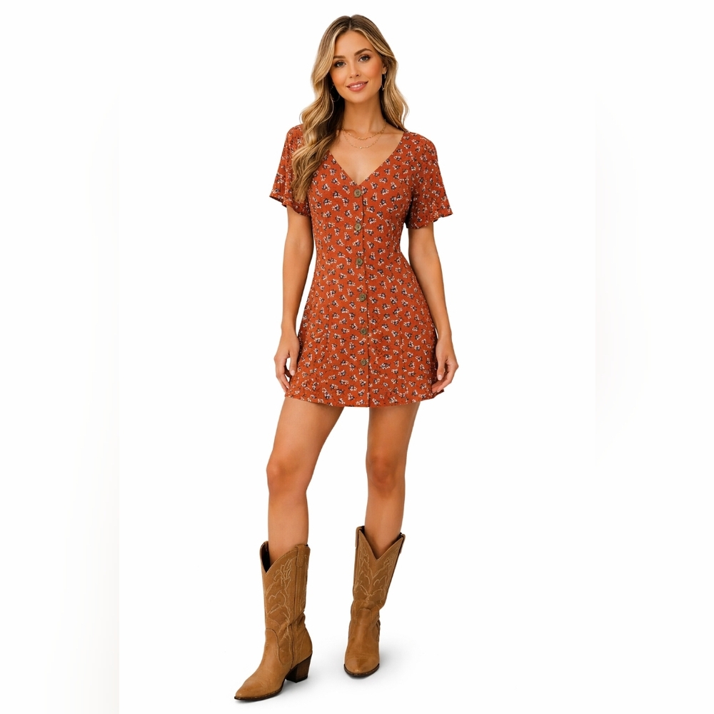 Wild Fable Rust Floral Button-Front Mini Dress | Western Boho